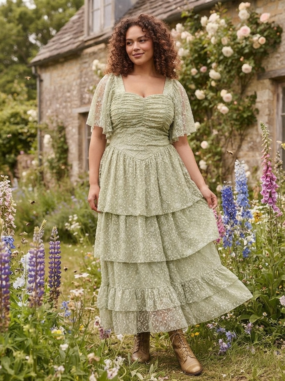 Ivy City Co Sage Green Lace Tiered Maxi Dress X-Large
